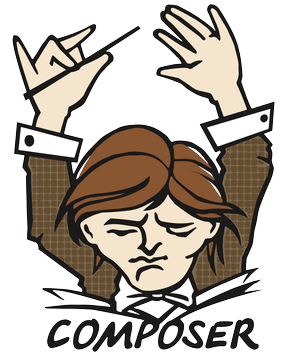 The Composer Official Logo: a male orchestra conductor with both arms in the air and his head tilted down, reading music sheets